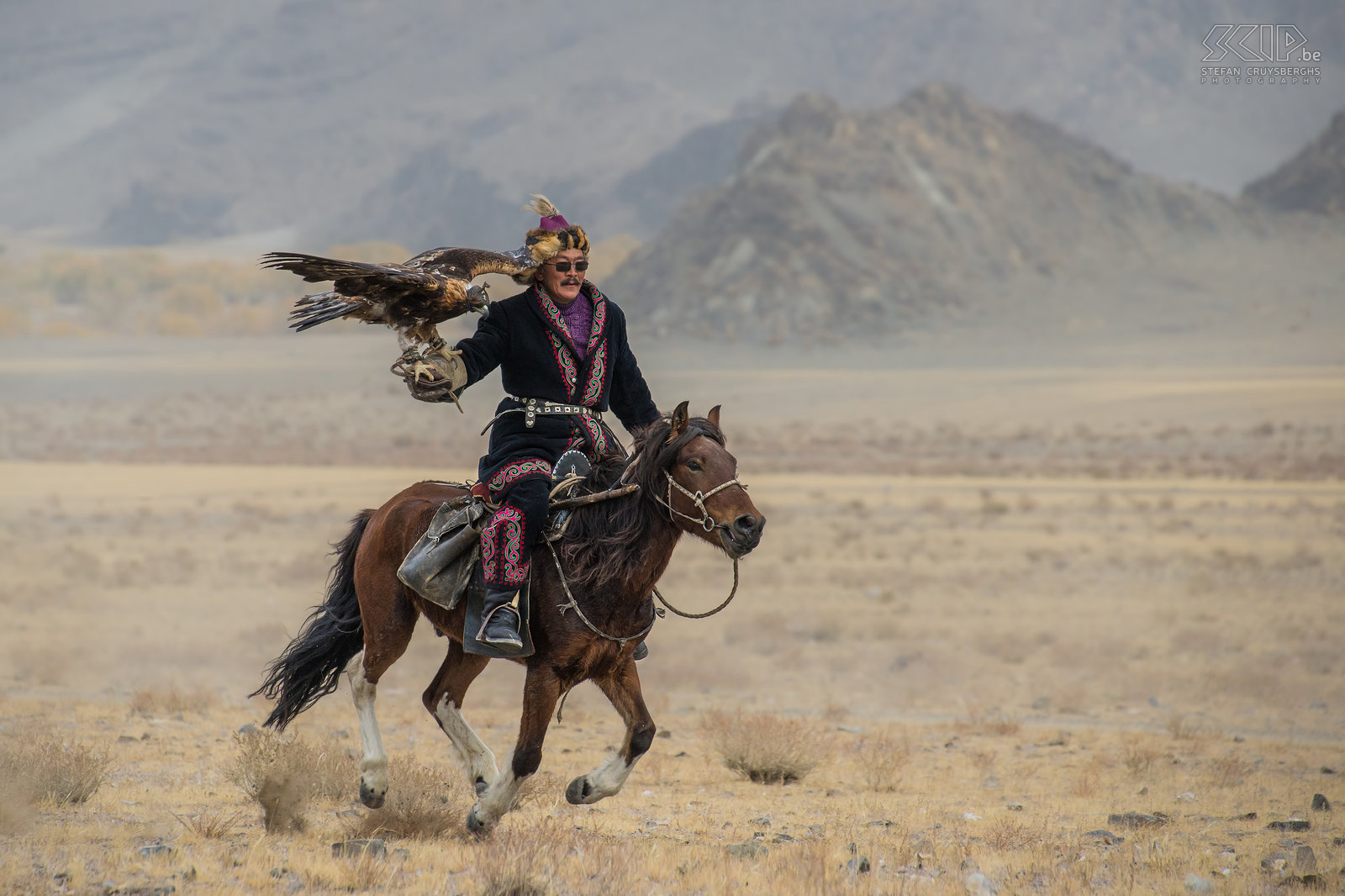 Ulgii - Golden Eagle Festival - Arendjager De Kazakken in het Altai gebergte in het westen van Mongolië beoefenen nog steeds de oude traditie van het jagen met getrainde steenarenden/adelaars. De traditie van het jagen met arenden is waarschijnlijk begonnen bij de nomadische Khitans van Mantsjoerije in het noorden van China rond 940 n.Chr. Volgens oude verslagen hield Genghis Khan zelfs 1000 vogels voor de jacht. <br />
<br />
Vandaag zijn er nog ongeveer 250 Kazakse mensen die deze oude traditie verderzetten. Maar waarschijnlijk zijn er slechts een 30-tal families die nog op de nomadische manier leven zoals eeuwen geleden. Ze zijn afhankelijk van het seizoen. In de winter was de jacht op konijnen, vossen en wolven vroeger essentieel voor voedsel en kleding. Maar het is ook meer, 't is een kunstvorm waarbij de juiste mix tussen kracht, behendigheid en zachtheid noodzakelijk is en waarbij een intense band tussen roofvogel en meester vereist is.<br />
<br />
Veel Kazakse mensen leven nog steeds in gers in de zomermaanden, maar in andere seizoenen trekken ze naar dorpen en steden. Maar ze houden nog steeds hun arenden en beoefenen het jagen met arenden als hobby zodat hun cultureel erfgoed nog steeds springlevend is. Stefan Cruysberghs